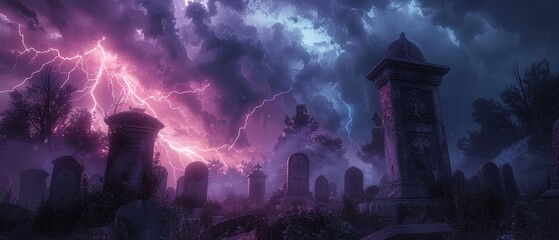 Obraz premium Creepy graveyard with dark clouds, lightning, and thunder, ominous tombstones, horror movie atmosphere