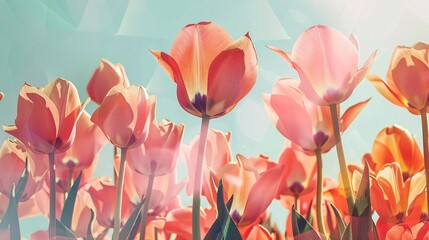 Obraz premium Geometric Introspection: Copper and Vibrant Tulip Field Against a Bright Sunny Sky Background for Invitation with Ample Space for Writing, Cheerful and Vibrant Feel with Bold Floral Color Scheme,