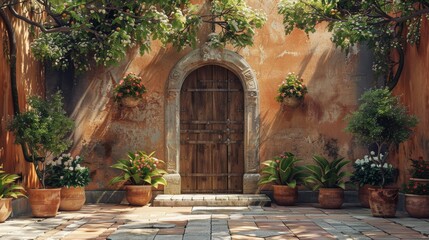Copper podium in a Mediterranean courtyard, front view, warm sunlight, rustic ambiance, potted plants