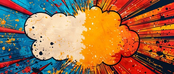 Bold comic book explosion backdrop, superhero birthday invitation, space for party details in a vibrant speech bubble