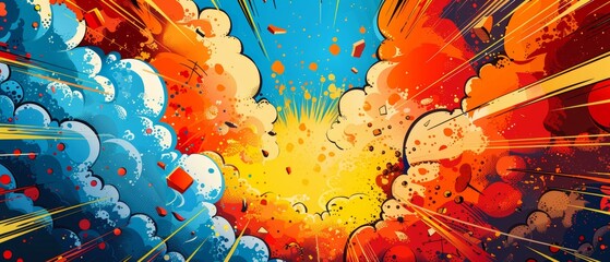 Bold comic book explosion backdrop, superhero birthday invitation, space for party details in a vibrant speech bubble