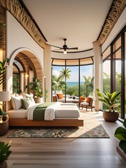 A bedroom decorated in a tropical style with a spectacular sea view.