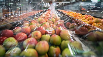 An augmented reality view of an automated fruit sorter at work showcasing its precise motion and...