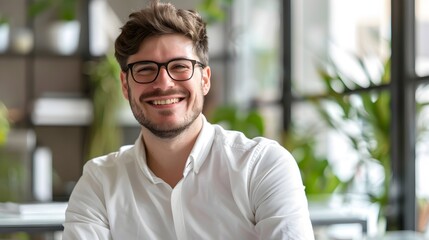 Obraz premium Confident Young Businessman Smiling in Office Setting Working as Successful Actuary