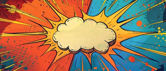 Birthday card design, superhero theme, comic book explosion backdrop, vibrant speech bubble for party details