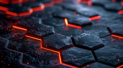 Obraz premium Advanced 3D rendering of a metallic hexagonal surface, carbon black detailing, enhanced by deep red light, futuristic design concept