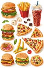 fast food, illustrated in a simple style with bright colors and basic shapes. made in vector design on a white background, featuring French fries, burgers, pizza slices, soft lighting
