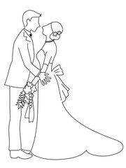 誓いのキスをする花嫁と花婿の線画のベクターイラストレーション