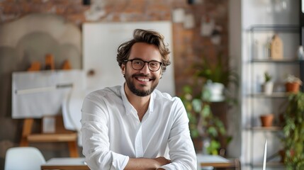 Obraz premium Focused and Confident Young Architect Analyzing Plans in His Workspace