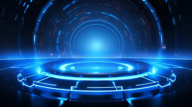 Vibrant blue technological circle illuminates futuristic background - concept of advanced technology and innovation.

