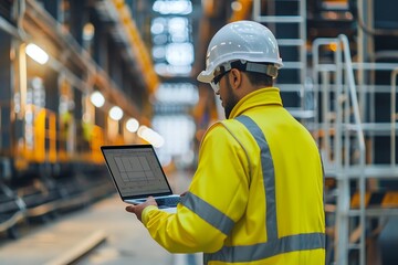 Arab Saudi Gulf man engineer is opening a laptop with a factory pipe installation in the background.