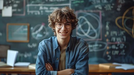 Happy Young Mathematician Smiling in Classroom with Chalkboard