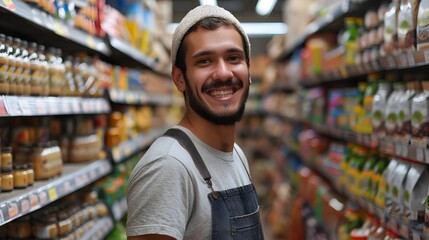 Happy Young Retail Shelf Smiling at in Supermarket Aisle