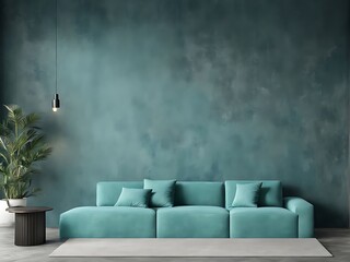 Premium Luxury Living with Cyan Sofa Velor and Tiffany, Turquoise, Teal, Azure Mint Microcement Wall. Minimalist Interior Design for Home or Office Lounge. Empty Mockup Wall for Art. 3D Render.