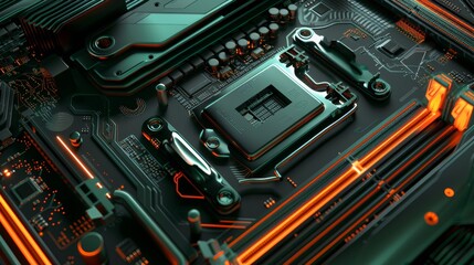 Fototapeta premium modern computing server cooled in immersion fluid, top view, gentle waves, dark green theme with orange accents, futuristic, high tech, minimalistic