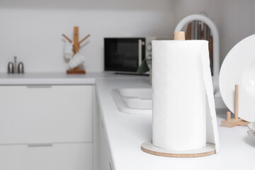 Holder with roll of paper towels on counter in kitchen, closeup
