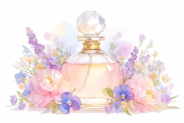 An illustration of perfume with flowers in watercolor style.