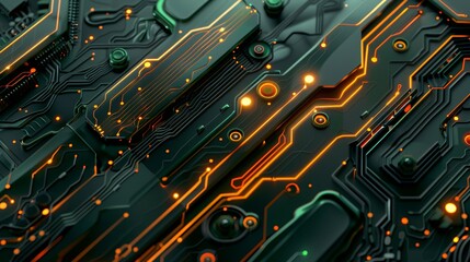 modern computing server cooled in immersion fluid, top view, gentle waves, dark green theme with orange accents, futuristic, high tech, minimalistic