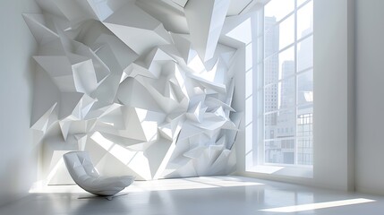 white living room interior with 3d low poly wall