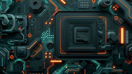 Fototapeta premium modern computing server cooled in immersion fluid, top view, gentle waves, dark green theme with orange accents, futuristic, high tech, minimalistic
