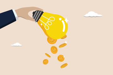 Idea to make money, profit from creativity concept, dollar money coins falling from businessman hand shaking the lamp or lightbulb idea.