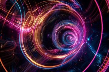 Obraz premium Employ the image as a foundational element in digital artworks, design projects, and visual compositions. The vibrant luminous lines and swirling circles lend a high - tech touch to any creation.