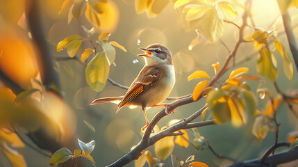 Obraz premium A bird was singing on a tree branch in the sunlight