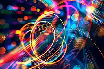 Employ the image as a foundational element in digital artworks, design projects, and visual compositions. The vibrant luminous lines and swirling circles lend a high - tech touch to any creation.
