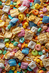 A close-up view of a bowl filled with colorful cereal pieces, densely packed to fill the entire frame. The cereal features a variety of shapes and bright colors, creating a fun and playful background 