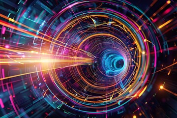 Obraz premium Employ the image as a foundational element in digital artworks, design projects, and visual compositions. The vibrant luminous lines and swirling circles lend a high - tech touch to any creation.
