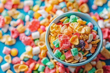 A close-up view of a bowl filled with colorful cereal pieces, densely packed to fill the entire frame. The cereal features a variety of shapes and bright colors, creating a fun and playful background 
