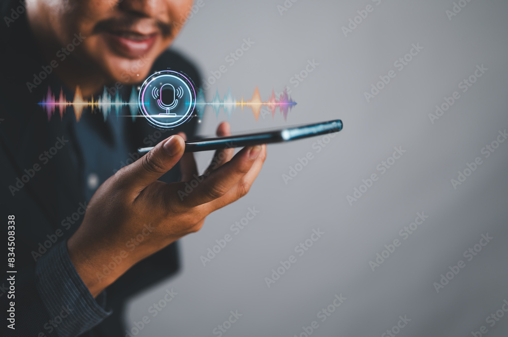 Poster Man using voice assistant on smartphone, talking to smartphone for Access to information and applications, Write a message and send a message.