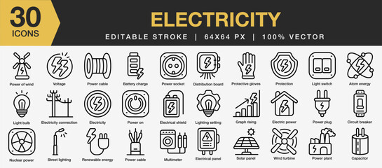 Set of 30 Electriciry icon set. Editable Stroke Icon Collection. Includes voltage, cable, power socket, multimeter, capasitor and More. Outline icons vector collection.