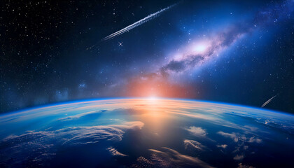 Fototapeta premium blue planet Image, space, spiral, Abstract background. Traveling through star fields in space star burst light, Blue bright galaxy panorama, abstract cosmic space background, artistic 3D galaxy