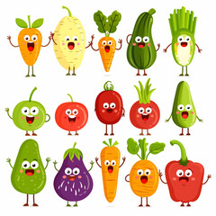 Vegetable character. Cartoon retro mascot vegetables. Funny green vitamin plant food, cute tomato, running pumpkin, healthy eggplant, nature avocado. Vector set