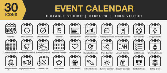 Set of 30 Even Calendar icon set. Editable Stroke Icon Collection. Includes summer, ramadan, wedding, schedule, note calendar and More. Outline icons vector collection.