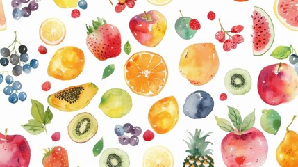 Watercolor seamless pattern with hand drawn exotic fruits and berries.
