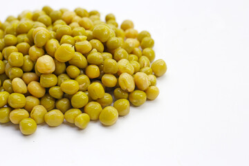 Canned green peas on white background.