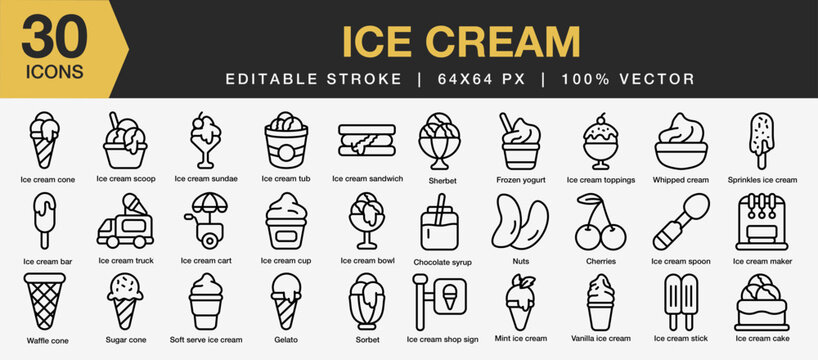 Set of 30 Ice Cream icon set. Editable Stroke Icon Collection. Includes cone ice cream, ice cream sandwich, wafle cone, gelato and More. Outline icons vector collection.