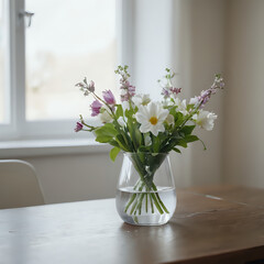 a vase with flowers on a table near a window