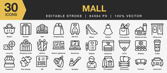 Set of 30 Mall icon set. Editable Stroke Icon Collection. Includes basket, elevator, fashion, bioskop, fitting room and More. Outline icons vector collection.