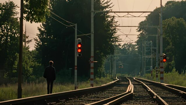 Video animation of  railway track extending into the distance. Overhead electric lines run parallel to the tracks. The scene is set during either dusk or dawn, creating a hazy atmosphere