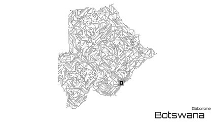 Botswana, with its capital city of Gaborone, is represented as a microchip with a central processing unit. A technological representation of the country's outline. White background.