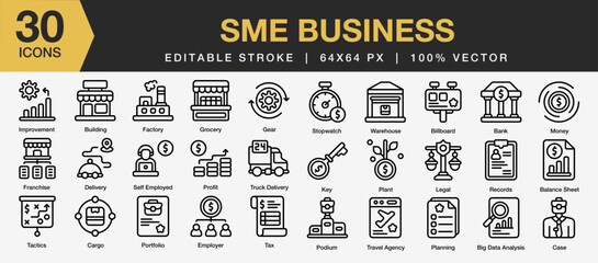 Set of 30 SME Business icon set. Editable Stroke Icon Collection. Includes building, portfolio, tax, delivery, case, billboard and More. Outline icons vector collection.