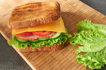 Fresh sandwich on wooden board with lettuce leaves, side view. Place for text.