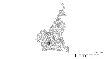 Cameroon, with its capital city of Yaounde, is represented as a microchip with a central processing unit. A technological representation of the country's outline. White background.