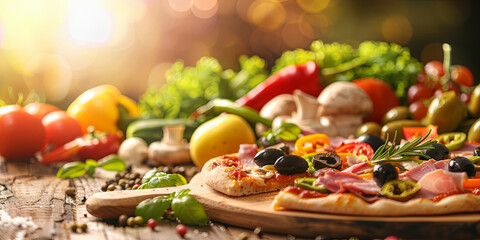 close up of pizza with black olives, green peppers and ham on a wooden board, surrounded by fresh vegetables and mushrooms, generative AI