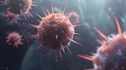 Virus. Abstract  3d virus microbe isolated on blue background. Allergy bacteria, medical healthcare, microbiology concept.
