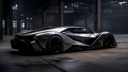 A black sports car in a building, super realistic