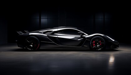 Fototapeta premium A black sports car parked in a garage, super realistic